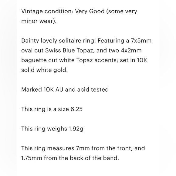 10K Swiss Blue Topaz oval baguette dainty solid white gold vintage style ring - Picture 13 of 13